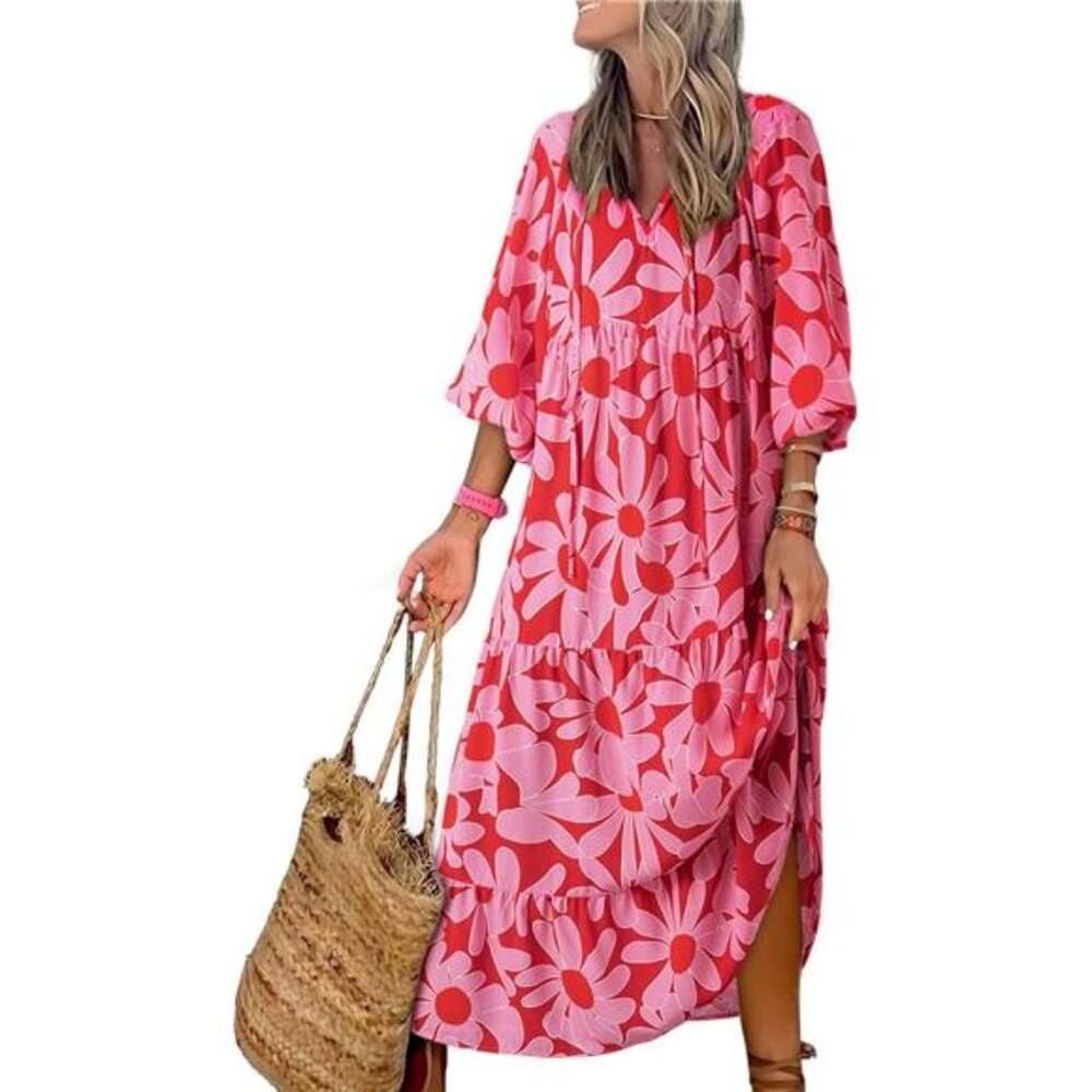 Women’s Boho‎ Maxi Dress 2024 - V Neck, Long Puff Sleeves, Smocked, Ruffle, Flow